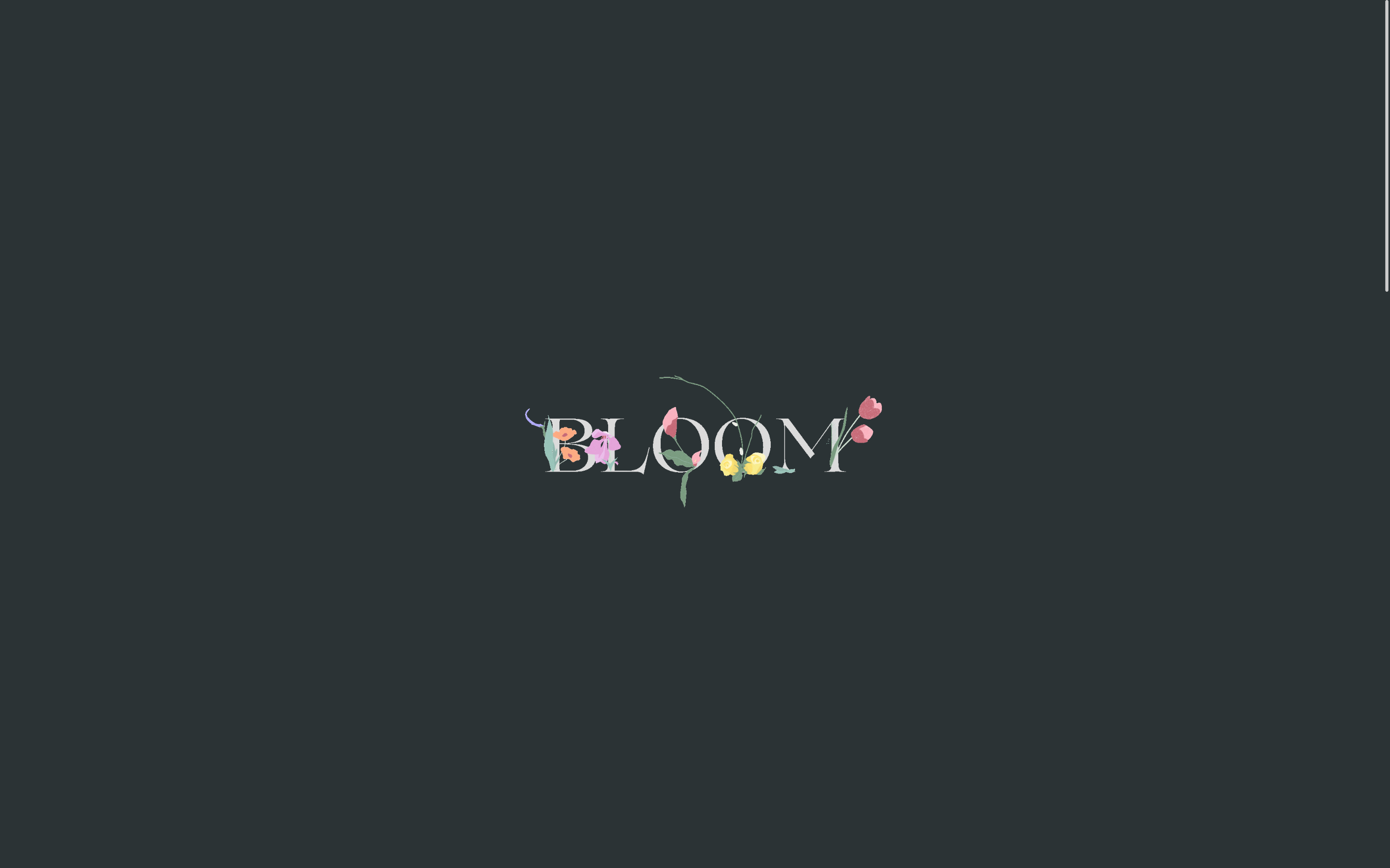 Bloom's custom loading screen with the Bloom logo centered against a dark background, featuring floral accents.